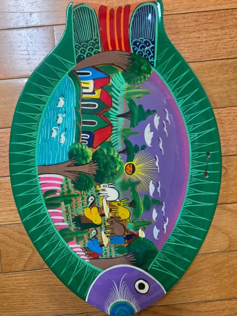 vintage Mexican folk art fish plate vibrant hand painted red clay
